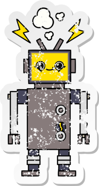 Bir insan tarafından çizilmiş sevimli bir robot çizgi film çıkartması.