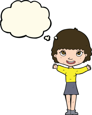 Bir insan tarafından çizilmiş düşünce baloncuğuyla el sallayan çizgi film kadını.