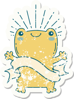 Dövme stili eski bir çıkartma. Bir insan tarafından çizilmiş mutlu kurbağa.