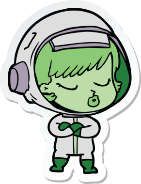 Çizgi film çıkartması. Bir insan tarafından çizilmiş güzel astronot kız.