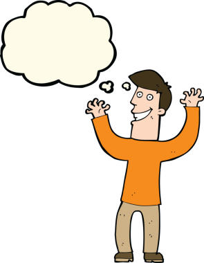 Bir insan tarafından çizilmiş düşünce baloncuğu ile heyecanlı bir adam.