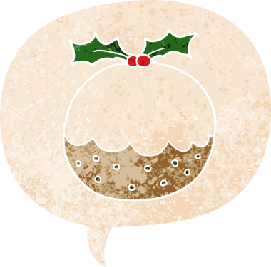 bir insan tarafından çizilmiş, grunge dertli retro stili ile konuşma baloncuklu noel pudingi.