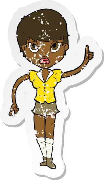 Bir insan tarafından çizilmiş, karikatürlü, kederli, güzel bir kadının retro yapıştırması.