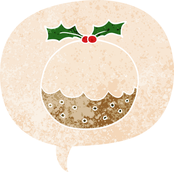 bir insan tarafından çizilmiş, grunge dertli retro stili ile konuşma baloncuklu noel pudingi.