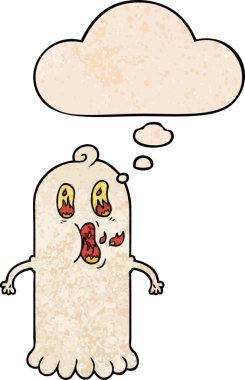 Bir insan tarafından çizilmiş grunge dokuda düşünce baloncuğu ile yanan gözlü çizgi film hayaleti.