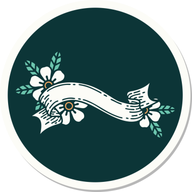 Geleneksel dövme stili bir pankart ve insan tarafından çizilmiş çiçekler.