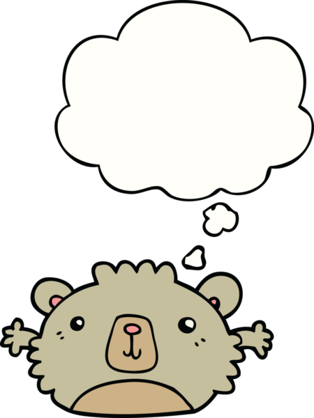 Bir insan tarafından çizilmiş düşünce baloncuklu komik çizgi film ayısı.