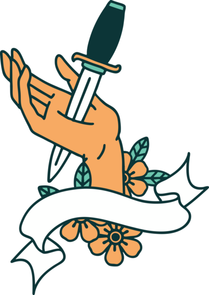 Geleneksel dövme, insan eliyle çizilmiş bir hançer sancağıyla.