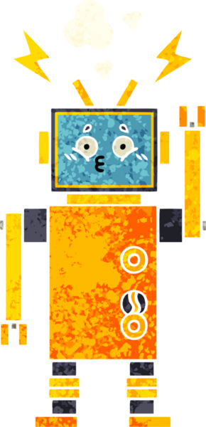 Bir insan tarafından çizilmiş arızalı bir robotun retro çizim tarzı karikatürü