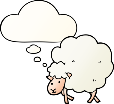 Bir insan tarafından çizilmiş, düşünce baloncuklu çizgi film koyunu.