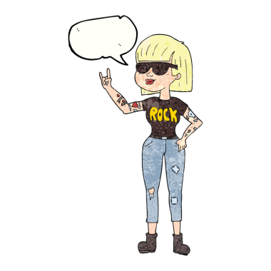 Serbest konuşma balonu bir insan tarafından çizilmiş karikatür rock kadın.