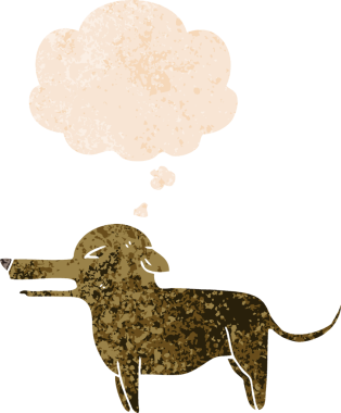 Düşünce baloncuğu ile çizgi film köpeğinin grunge sıkıntılı retro tarzı bir insan tarafından çizilmiş