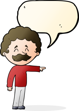 Çizgi filmdeki bıyıklı adam bir insan tarafından çizilmiş konuşma balonuyla işaret ediyor.