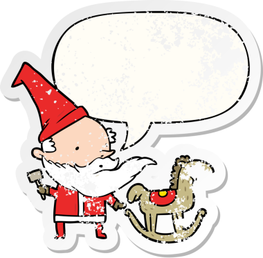 karikatür Noel Baba (veya elf) konuşma baloncuğu ile sallanan bir atı bir insan tarafından çizilmiş sıkıntılı eski bir çıkartma