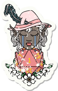 Retro Dövme Tarzı Ağlayan Elf Ozan Karakteri Bir insan tarafından çizilmiş doğal D20 rulo