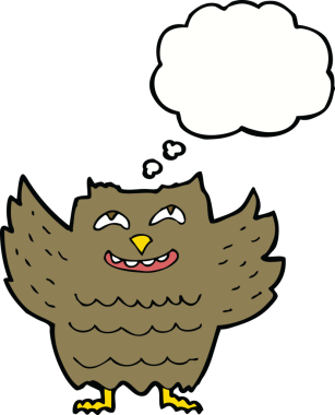 Bir insan tarafından çizilmiş düşünce baloncuklu mutlu baykuş.