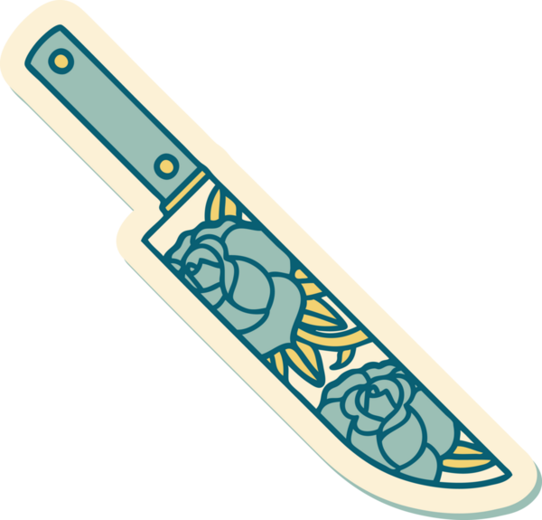 Geleneksel bir hançer stili dövme çıkartması ve bir insan tarafından çizilmiş çiçekler.