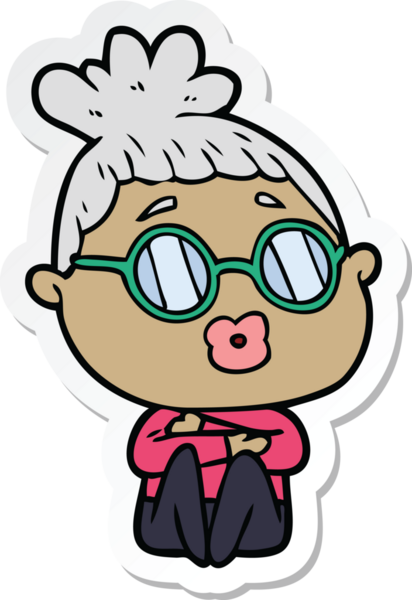 Bir insan tarafından çizilmiş gözlüklü, oturan bir kadının çıkartması.