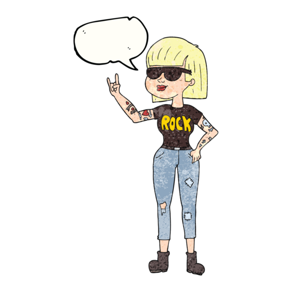 Serbest konuşma balonu bir insan tarafından çizilmiş karikatür rock kadın.