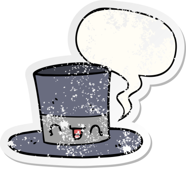 Konuşma baloncuklu çizgi film şapkası bir insan tarafından çizilmiş sıkıntılı eski bir çıkartma