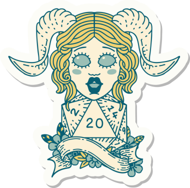 Bir insan tarafından çizilmiş doğal yirmi zarla yapıştırılmış bir etiket.