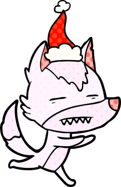 Bir insan tarafından çizilmiş Noel Baba şapkası giymiş bir kurdun el çizimi çizgi roman çizimi.