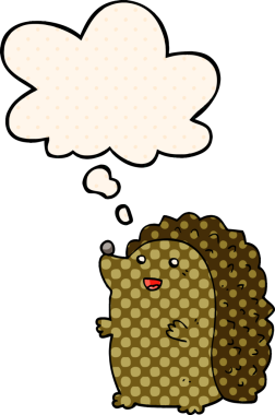 Çizgi roman tarzında bir insan tarafından çizilmiş düşünce balonlu mutlu kirpi.