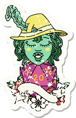 Bir insan tarafından çizilmiş 20 zarlı şarkı söyleyen yarı ork bir karakterin grunge çıkartması.