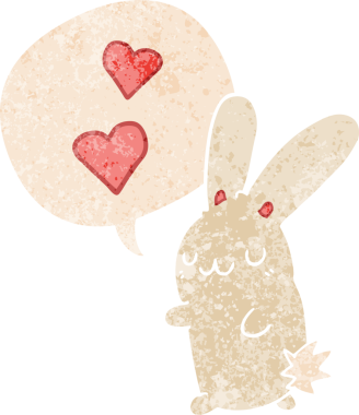 çizgi film tavşanı, konuşma baloncuğuna aşık, grunge 'da kederli eski moda bir insan tarafından çizilmiş.