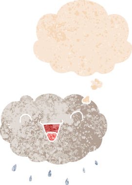 Mutlu karikatür bulutu. Düşünce baloncuğu grunge 'da. Sıkıntılı retro desenli bir insan çizimi.