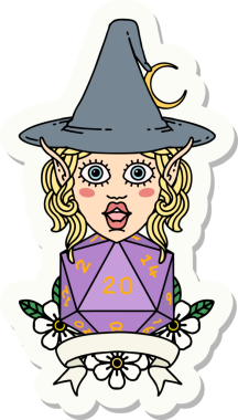 Bir insan tarafından çizilmiş doğal yirmi zarlı elf büyücü karakterinin çıkartması.