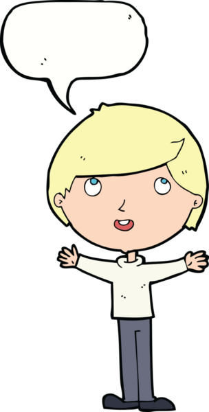 Bir insan tarafından çizilmiş konuşma balonu olan mutlu bir çocuk.