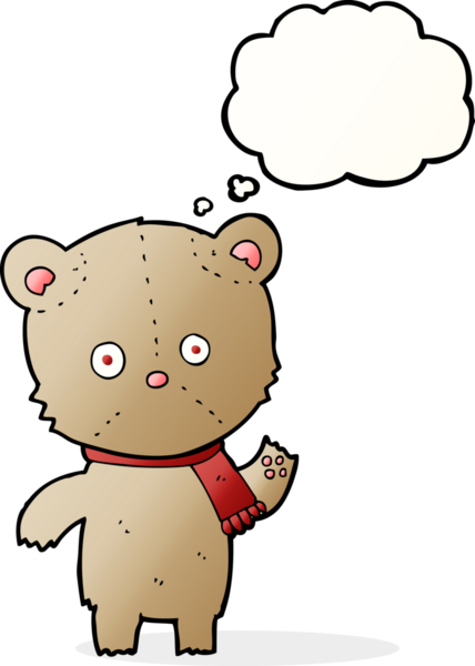 Bir insan tarafından çizilmiş düşünce balonlu oyuncak ayıyı sallayan çizgi film.