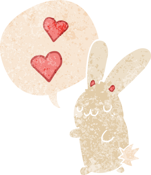 çizgi film tavşanı, konuşma baloncuğuna aşık, grunge 'da kederli eski moda bir insan tarafından çizilmiş.