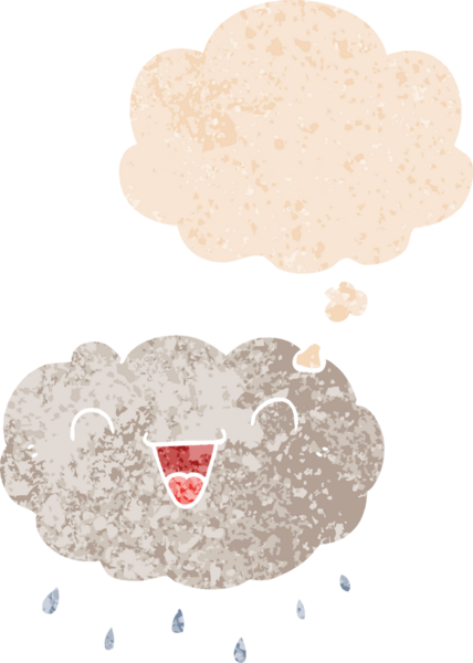 Mutlu karikatür bulutu. Düşünce baloncuğu grunge 'da. Sıkıntılı retro desenli bir insan çizimi.