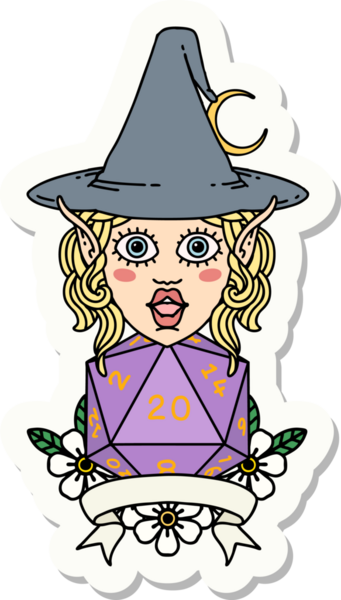 Bir insan tarafından çizilmiş doğal yirmi zarlı elf büyücü karakterinin çıkartması.