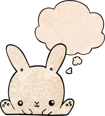 Bir insan tarafından çizilmiş grunge desenli düşünce baloncuklu çizgi film tavşanı.