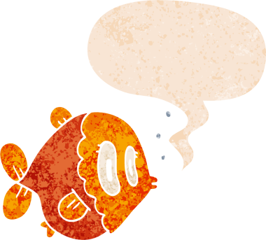 grunge 'da konuşma baloncuğu olan karikatür balığı bir insan tarafından çizilmiş dertli retro stil.