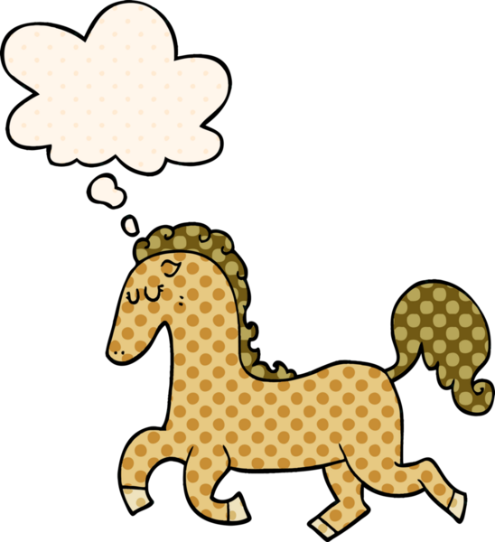 Çizgi roman tarzında bir insan tarafından çizilmiş düşünce baloncuğuyla koşan bir at.