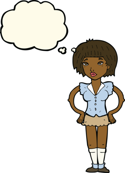 Bir insan tarafından çizilmiş düşünce baloncuğu olan elleri kalçasında çizgi film kadını.