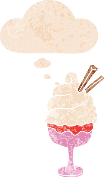 Düşünce baloncuklu çizgi film dondurması grunge sıkıntılı retro desenli bir insan tarafından çizilmiş