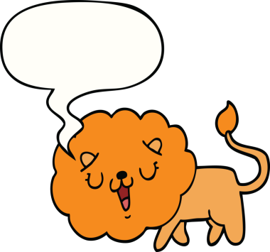 Bir insan tarafından çizilmiş konuşma balonu olan sevimli çizgi film aslanı.