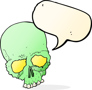 Bir insan tarafından çizilmiş konuşma baloncuğu olan ürkütücü, yaşlı bir kafatası.