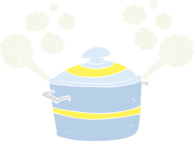 Bir insan tarafından çizilen dumanı tüten tencerenin düz renk çizimi