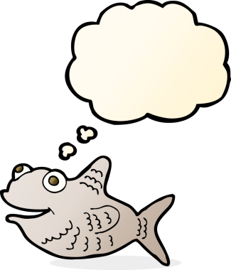 Bir insan tarafından çizilmiş düşünce balonlu mutlu balık çizgi filmi.