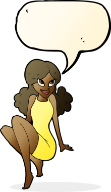 bir insan tarafından çizilmiş konuşma balonuyla poz veren çekici bir kadın.