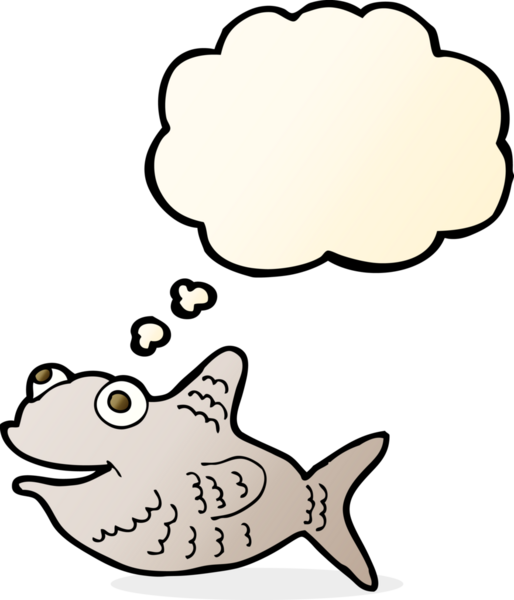 Bir insan tarafından çizilmiş düşünce balonlu mutlu balık çizgi filmi.