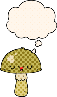 Çizgi roman tarzında bir insan tarafından çizilmiş düşünce baloncuklu mantar.