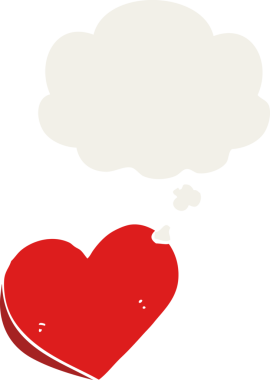 insan tarafından çizilmiş düşünce baloncuklu karikatür aşk kalbi.