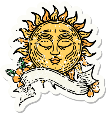 Bir insan tarafından çizilmiş güneşin bayrağı olan eski bir etiket